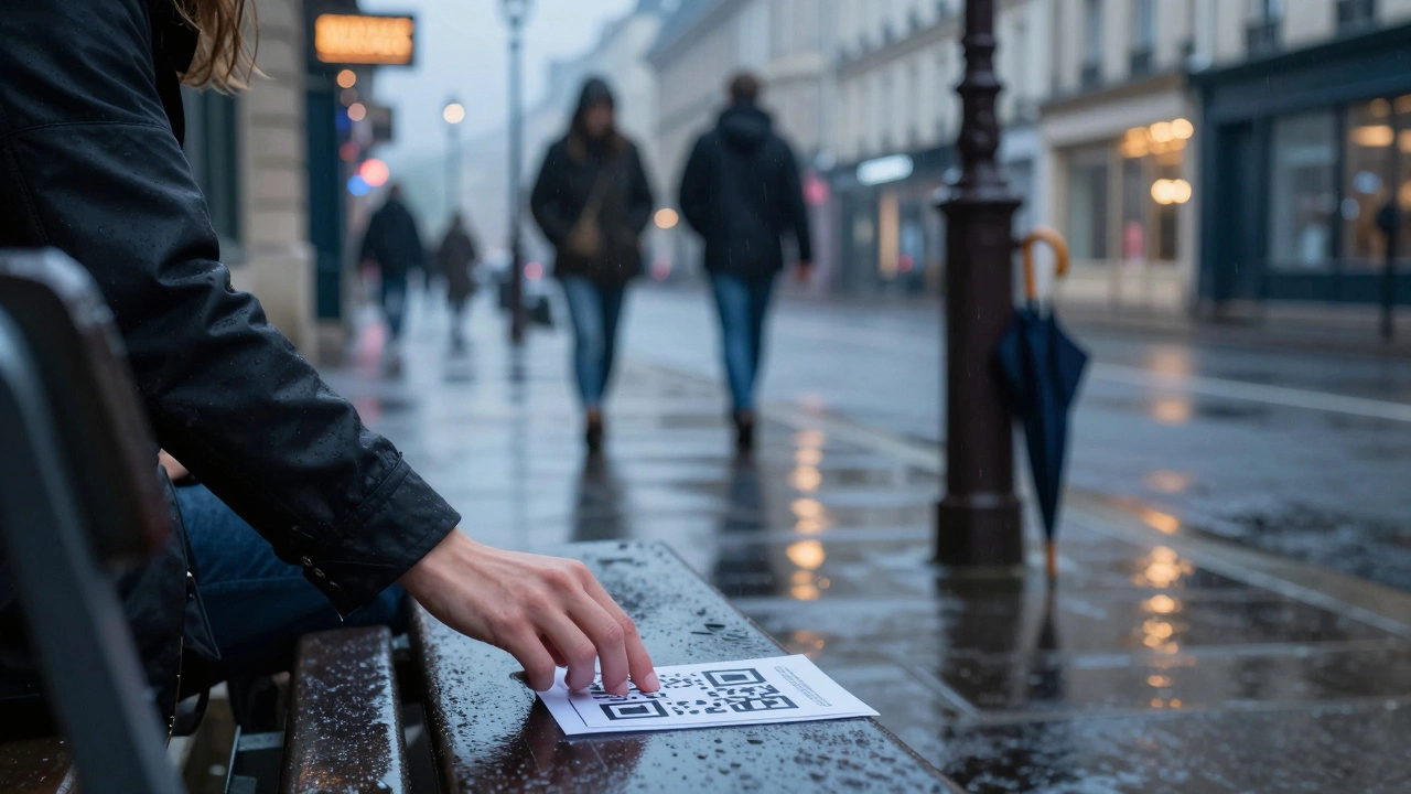 A woman&#039;s hand leaving a QR code flyer on a rainy Paris bench at dawn.