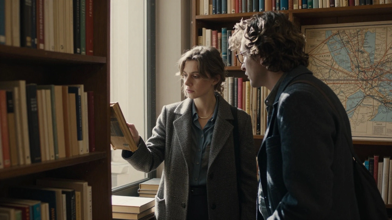 A woman and visitor in a quiet Parisian bookstore, sunlight on shelves of French literature, sharing a quiet moment over a book.