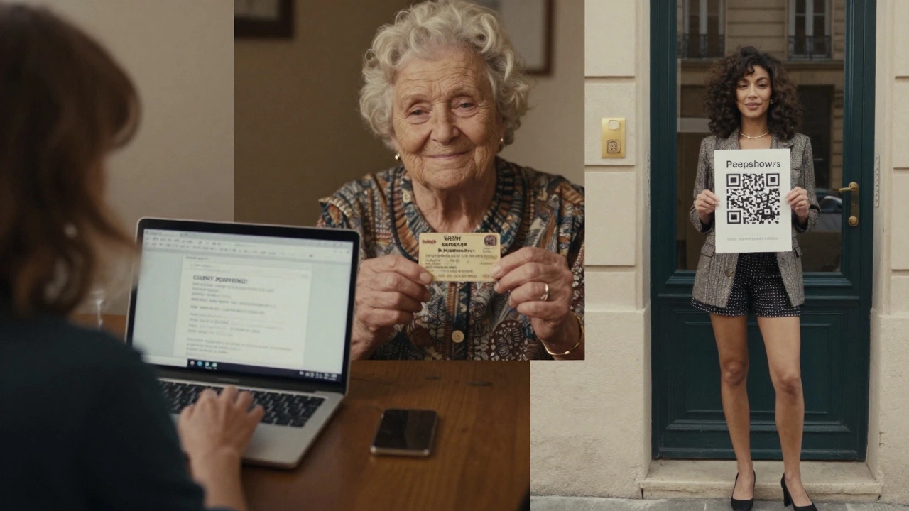 Collage of three real people from Peepshow: a Parisian woman, Ohio grandmother, and Marseille trans worker.